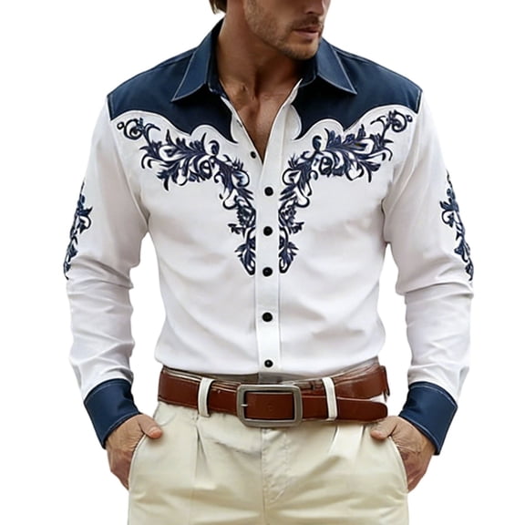CONZONE Carnival Mens Buttons Down Shirts Long Sleeve Shirts For Men Trendy Western Cowboy Embroidery Lapel Soft Lightweight Tops