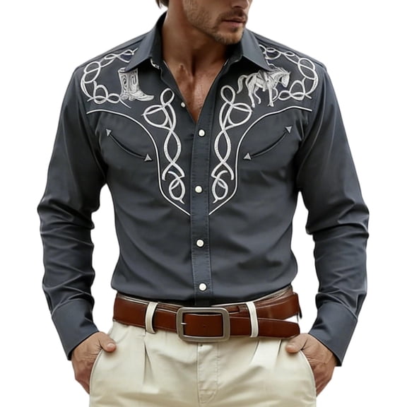 CONZONE Carnival Mens Buttons Down Shirts Long Sleeve Shirts For Men Trendy Western Cowboy Embroidery Lapel Soft Lightweight Tops