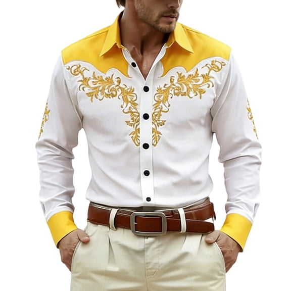 CONZONE Carnival Mens Buttons Down Shirts Long Sleeve Shirts For Men Trendy Western Cowboy Embroidery Lapel Soft Lightweight Tops