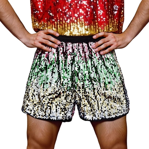 CONZONE Carnival Mens Casual Sequined Shorts Elastic Waist Shiny Shorts for Men Sparkly Lightweight Loose Fit Stage Performance Shorts