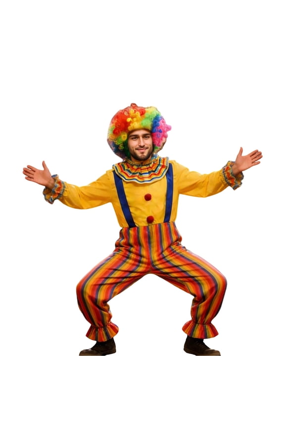 Carnival Mens Clown Dress Up Colorful Striped Clown Tops Pants Collar Hand Cuffs Funny Party Stage Performance Outfits