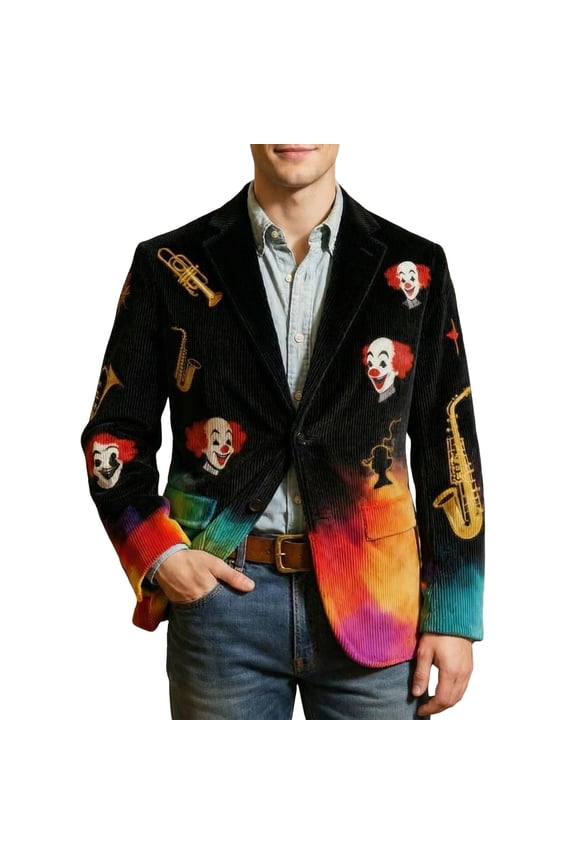 Carnival Mens Corduroy Blazer Casual Men's Blazer Funny Clown Embroidery Two Buttons Elegant Slim Fit Dress Jacket for Performance,Prom,Wedding