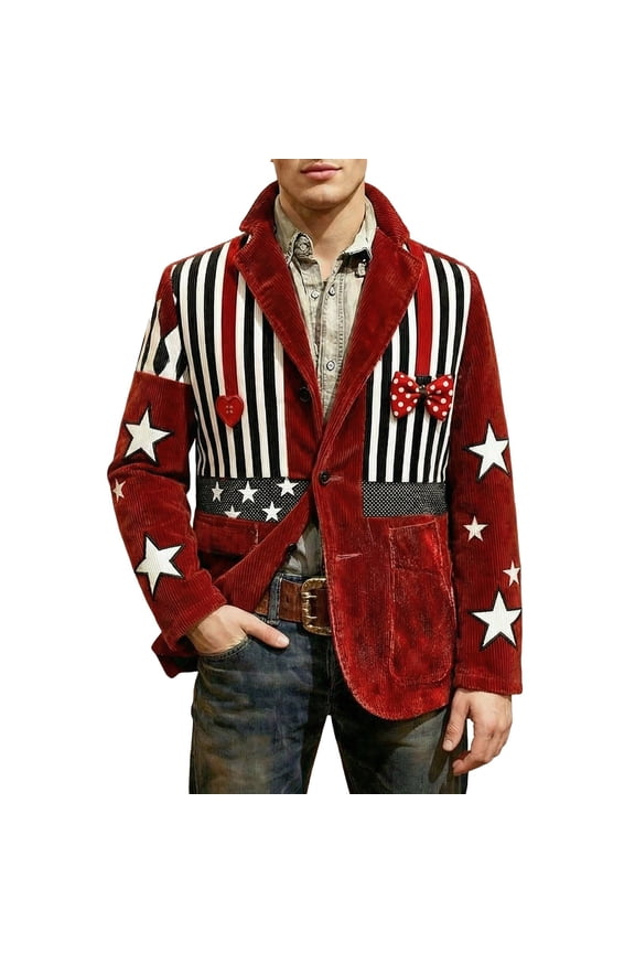 Carnival Mens Corduroy Blazer Casual Suit Jacket for Men Funny Clown Embroidery Two Buttons Elegant Slim Fit Dress Jacket for Performance,Prom,Wedding