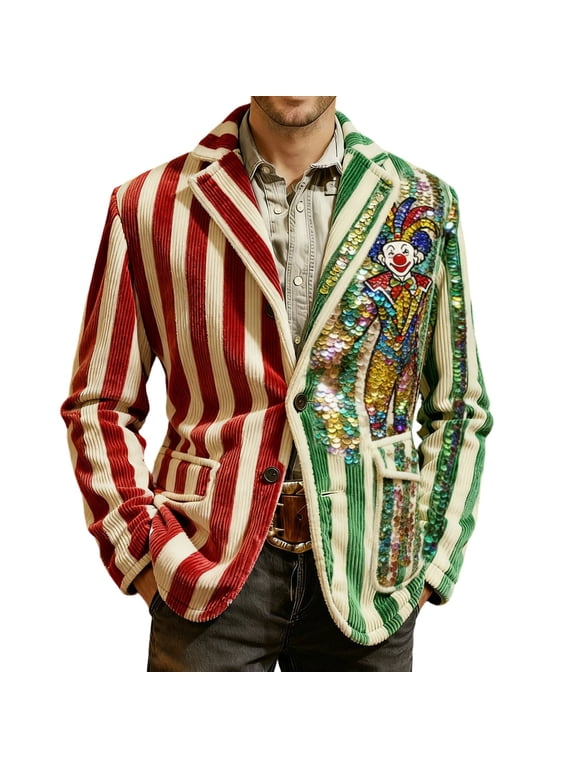 Carnival Mens Corduroy Blazer Casual Suit Jacket for Men Funny Clown Embroidery Two Buttons Elegant Slim Fit Dress Jacket for Performance,Prom,Wedding