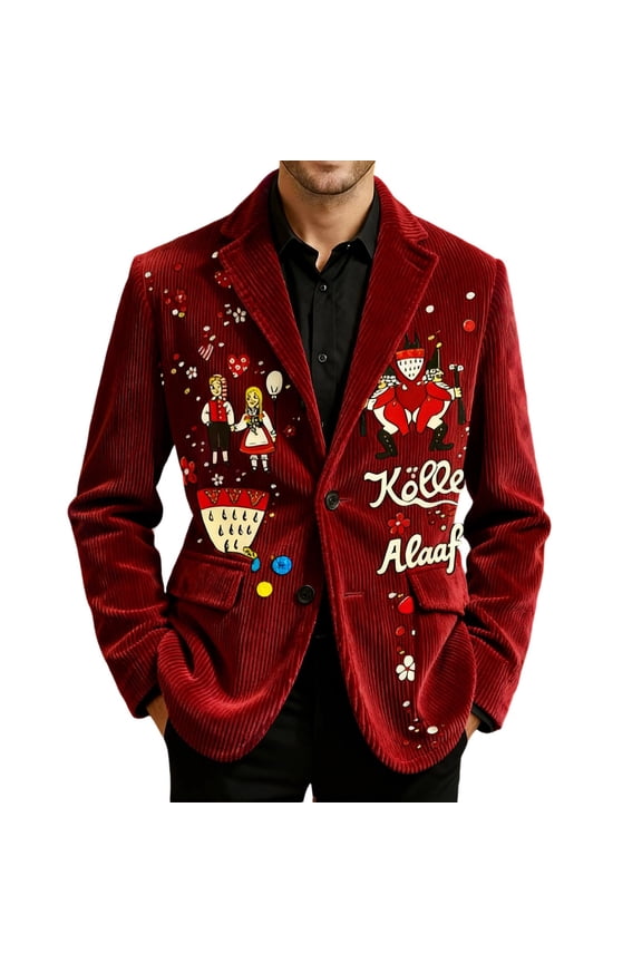 Carnival Mens Corduroy Blazer Casual Suit Jacket for Men Funny Clown Embroidery Two Buttons Elegant Slim Fit Dress Jacket for Performance,Prom,Wedding