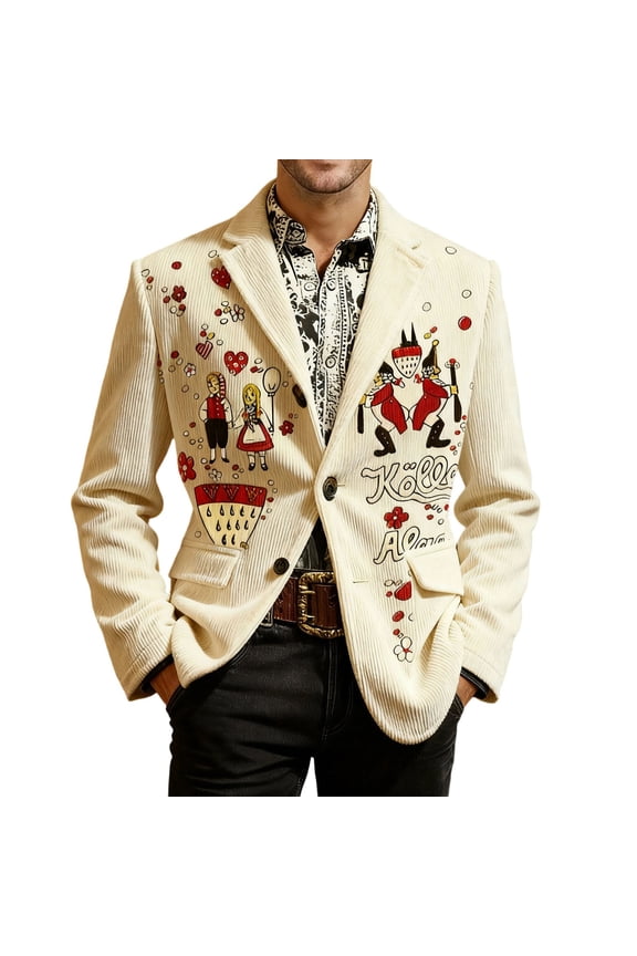 Carnival Mens Corduroy Blazer Casual Suit Jacket for Men Funny Clown Embroidery Two Buttons Elegant Slim Fit Dress Jacket for Performance,Prom,Wedding