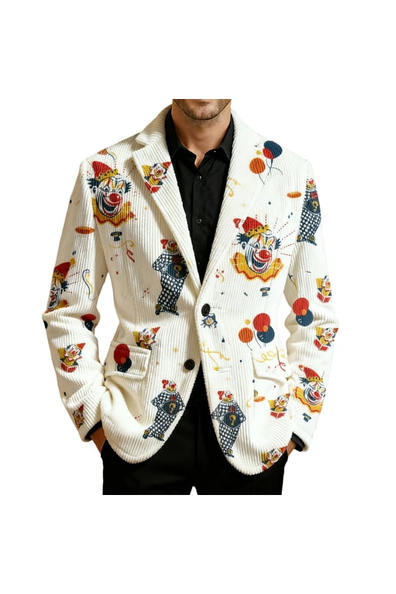 Carnival Mens Corduroy Blazer Casual Suit Jacket for Men Funny Clown Embroidery Two Buttons Elegant Slim Fit Dress Jacket for Performance,Prom,Wedding