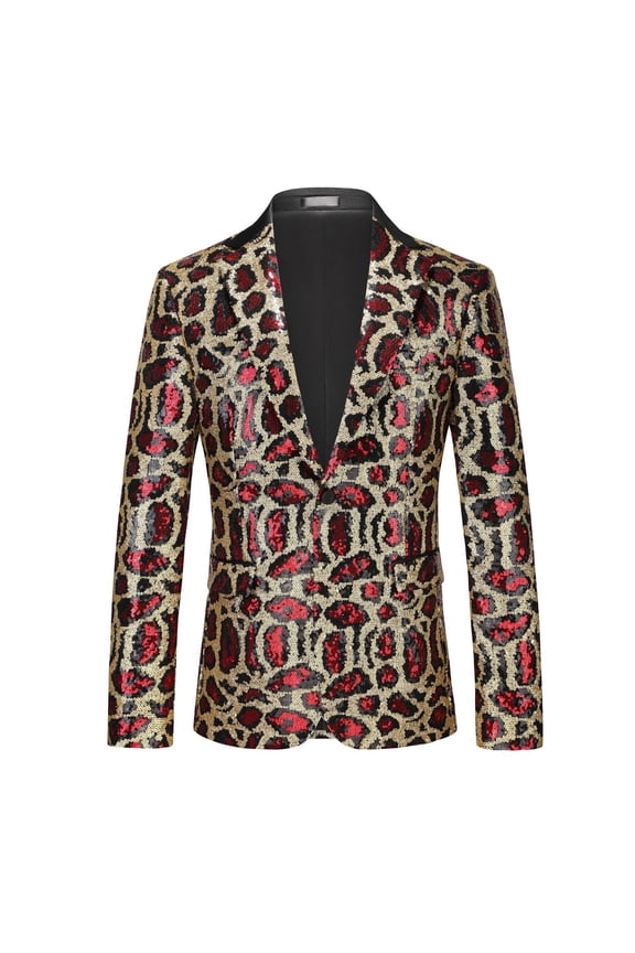 Carnival Mens Sequins Blazer Casual Suit Jacket for Men Sparkly Leopard One Button Elegant Slim Fit Dress Jacket for Performance,Prom,Wedding