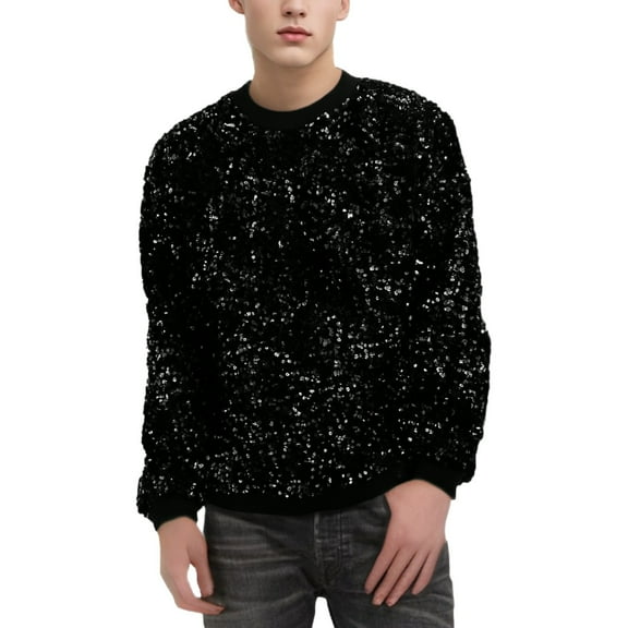 CONZONE Carnival Mens Sequins Pullover Sweatshirts Long Sleeve Sweatshirt for Men Trendy Hop Sparkly Crew Neck Warm Fall Hoodie Sweatshirt