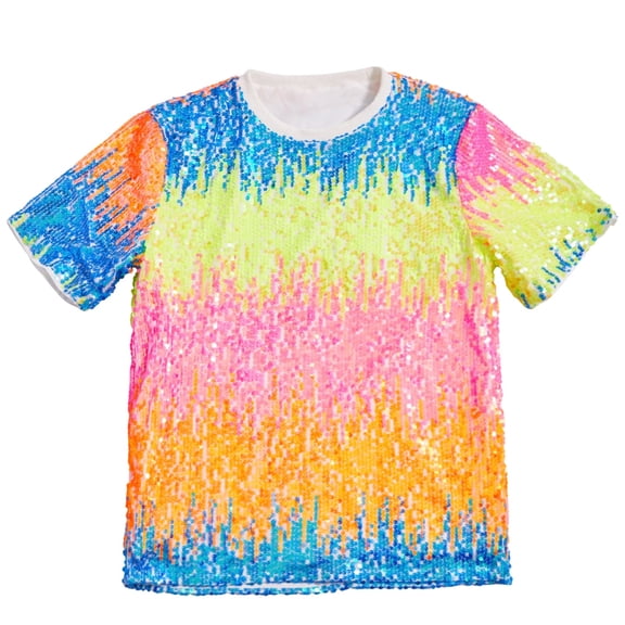 CONZONE Carnival Mens Sequins T-Shirts Short Sleeve T Shirts for Men Casual Crew Neck Gradient Color Lightweight Tees Festival Stage Performance Tops