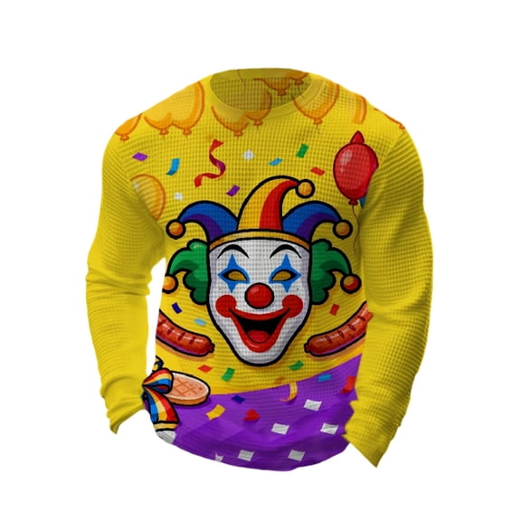 CONZONE Carnival Mens T-Shirts Long Sleeve Mardi Gras T Shirts for Men Casual Crew Neck Colorful Clown Graphic Lightweight Tees Soft Cozy Tops