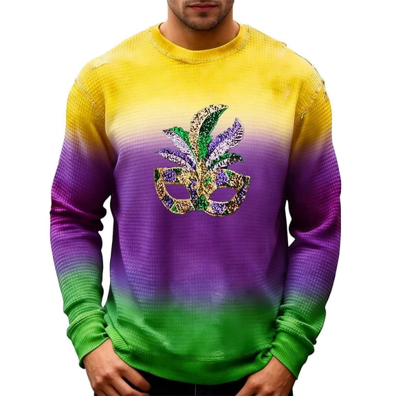 CONZONE Carnival Mens T-Shirts Long Sleeve Mardi Gras T Shirts for Men Casual Crew Neck Gradient Color Lightweight Tees Soft Cozy Tops