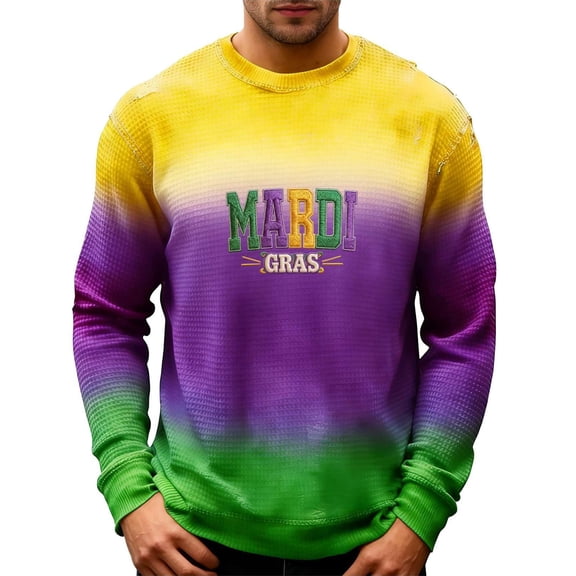 CONZONE Carnival Mens T-Shirts Long Sleeve Mardi Gras T Shirts for Men Casual Crew Neck Gradient Color Lightweight Tees Soft Cozy Tops