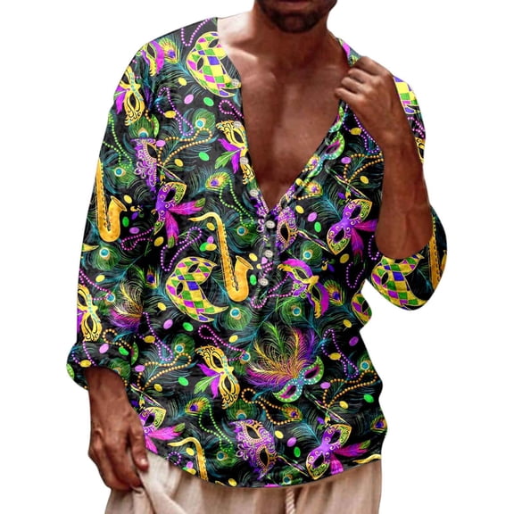 CONZONE Carnival Mens T-Shirts Short Sleeve Mardi Gras T Shirts for Men Casual V Neck Fashion Graphic Lightweight Tees Soft Cozy Half Buttons Tops