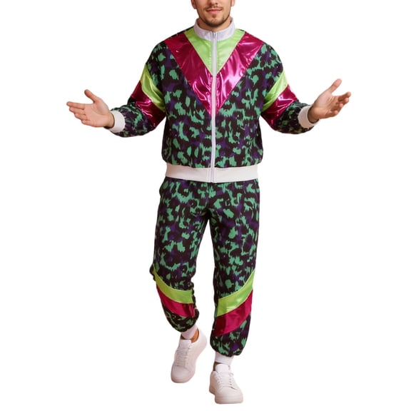 CONZONE Carnival Women's 70S 80S Disco Dress Up Patchwork Leopard Jacket Pants Sweatsuit Party Stage Performance Clothes Set