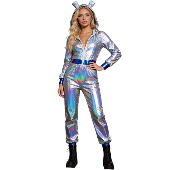 CONZONE Carnival Womens Aliens Dress Up Fashion Pu Leather Jumpsuit With Headwear Funny Party Stage Performance Outfits