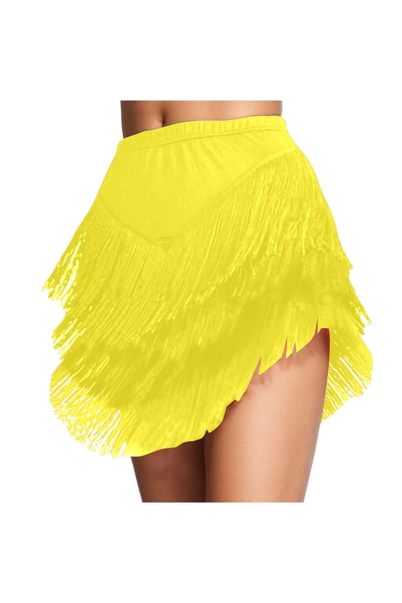 Carnival Womens Belly Dance Tassel Skirt Patchwork Color Elastic Waist Asymmetrical Hem Skirts for Funny Festival Stage Performance