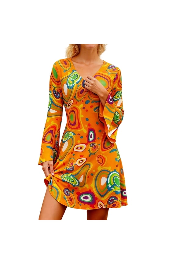 Carnival Womens Retro 70S Disco Outfits Hippie Floral Print Dresses Headwear Bohemian Funny Festival Stage Performance Outfit Sets