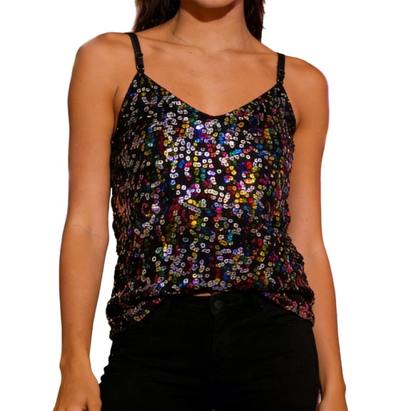 CONZONE Carnival Womens Stage Performance Vest Sparkling Sequins Stretch Sleeveless Tank Tops Funny Festival Dance Show Clothes