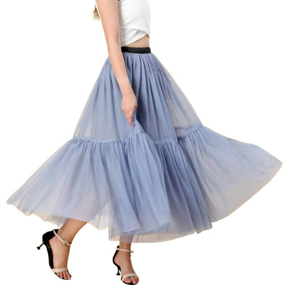 CONZONE Carnival Womens Tulle Maxi Skirt Solid Color A Line Elastic Waist Mesh Tutu Skirts for Funny Festival Stage Performance
