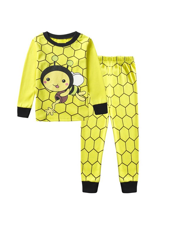 Child Boys Girls Pajama Sets Long Sleeve Cartoon Bee Graphic Pajamas Tops Pants 2Pcs Pjs Sets Soft Cozy Fall Winter Homewear Loungewear Set
