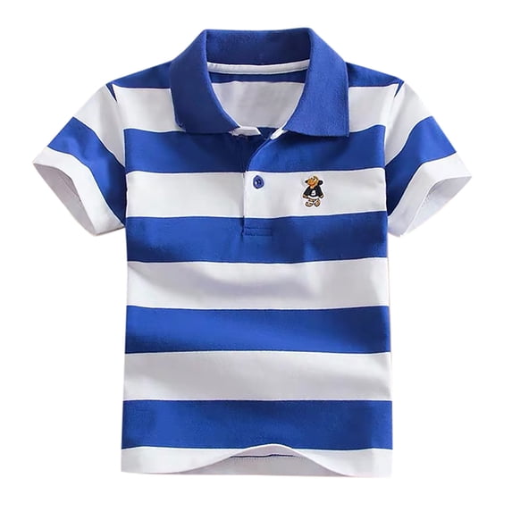 CONZONE Children Boys Tops Striped Print Short Sleeved Lapel Button Down Summer Comfortable Tee Blue Size 5-6 Years