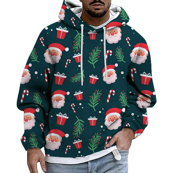 CONZONE Christmas Mens Hoodies Xmas Reindeer Hoodie for Men Graphic Long Sleeve Pullover Hooded Sweatshirt Soft Fall Winter Sweatshirts With Pocket