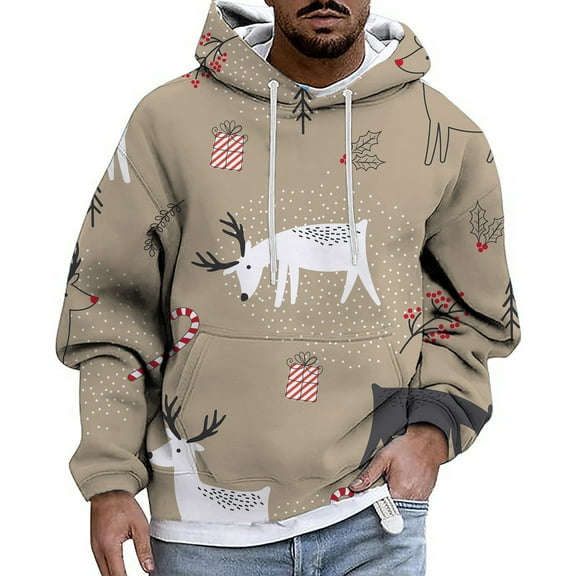 CONZONE Christmas Mens Hoodies Xmas Reindeer Hoodie for Men Graphic Long Sleeve Pullover Hooded Sweatshirt Soft Fall Winter Sweatshirts With Pocket