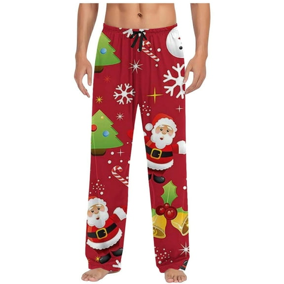 CONZONE Christmas Mens Pajamas Pants Xmas Santa Claus Graphic Pjs Pants for Men Wide Leg Elastic Waist Drawstring Soft Sleepwear Bottoms Cozy Fall Winter Homewear Loungewear