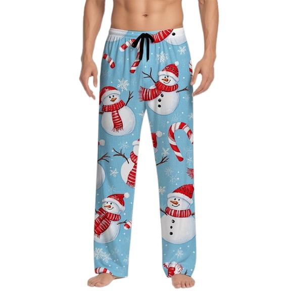 CONZONE Christmas Mens Pajamas Pants Xmas Snowman Graphic Pjs Pants for Men Wide Leg Elastic Waist Drawstring Soft Sleepwear Bottoms Cozy Fall Winter Homewear Loungewear