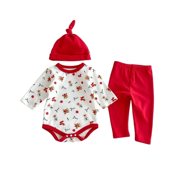 CONZONE Christmas Unisex Boys Girls Clothes Sets Long Sleeve Xmas Reindeer Print Bodysuit Pants With Hat Stage Performance Outfit Sets Funny Festival Show Outfits