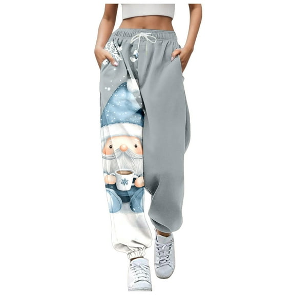 CONZONE Christmas Womens Baggy Sweatpants Xmas Graphic Print Pants for Women Trendy Elastic Waist Drawstring Wide Leg Fall Winter Athletic Trousers With Pocket