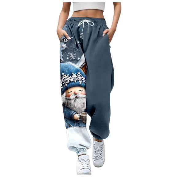 CONZONE Christmas Womens Baggy Sweatpants Xmas Graphic Print Pants for Women Trendy Elastic Waist Drawstring Wide Leg Fall Winter Athletic Trousers With Pocket