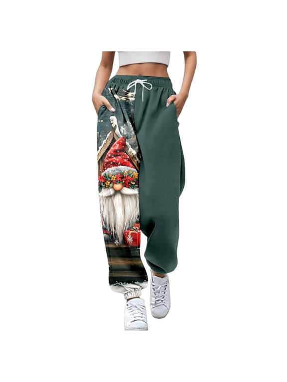 Christmas Womens Baggy Sweatpants Xmas Graphic Print Pants for Women Trendy Elastic Waist Drawstring Wide Leg Fall Winter Athletic Trousers With Pocket