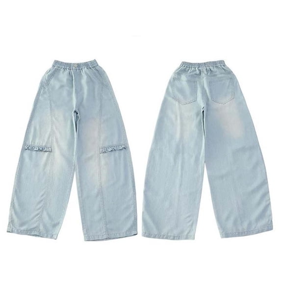 CONZONE Denim Pants for Little Girls Straight Leg Jeans for Girls Elastic Waist Lightweight Fall Trousers with Pockets Size 5-6 Years