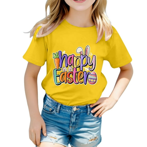 CONZONE Easter Baby Girls Short Sleeve T-Shirts Happy Easter Letter Graphic Tee Shirt for Girls Crew Neck Soft Loose Childrens Spring Tops