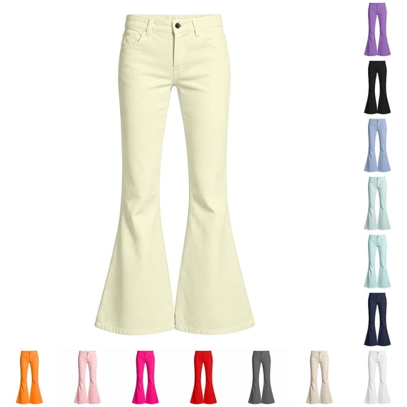 CONZONE Flared Pants For Big Girls Solid Color Elastic Waist Girls Pants With Pockets Modern Fit Casual Summer Fall Trousers For Girls Size 7-8 Years Light Yellow