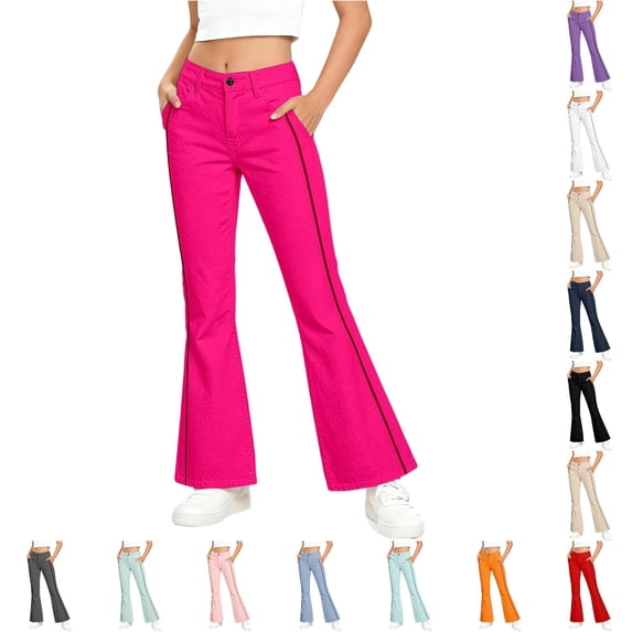 CONZONE Flared Pants For Big Girls Striped Graphic Elastic Waist Drawstring Girls Pants With Pockets Slim Fit Stretchy Fall Trousers For Girls Size 13-14 Years Pink