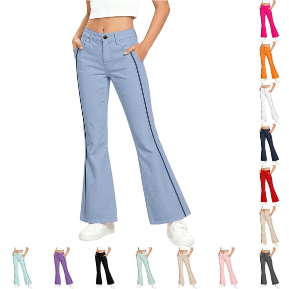 CONZONE Flared Pants For Big Girls Striped Graphic Elastic Waist Drawstring Girls Pants With Pockets Slim Fit Stretchy Fall Trousers For Girls Size 7-8 Years Blue