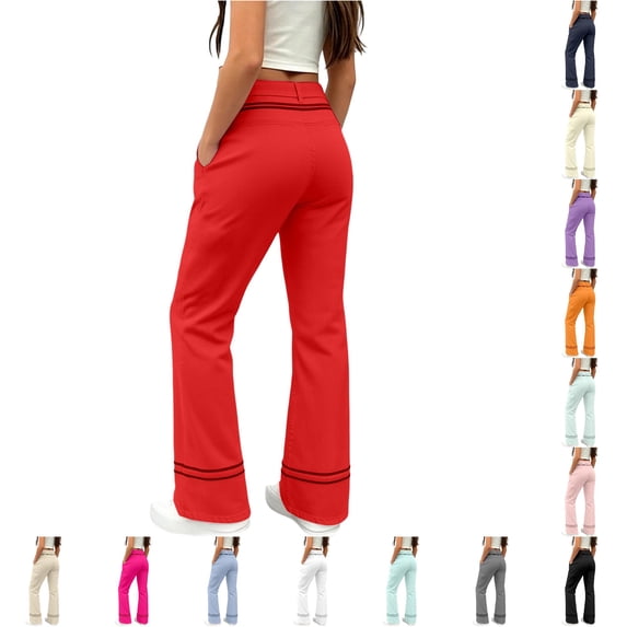 CONZONE Flared Pants For Big Girls Striped Graphic Elastic Waist Drawstring Girls Pants With Pockets Slim Fit Stretchy Fall Trousers For Girls Size 7-8 Years Red