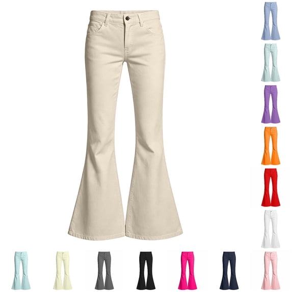 CONZONE Flared Pants For Little Girls Solid Color Elastic Waist Girls Pants With Pockets Modern Fit Casual Summer Fall Trousers For Girls Size 5-6 Years Beige