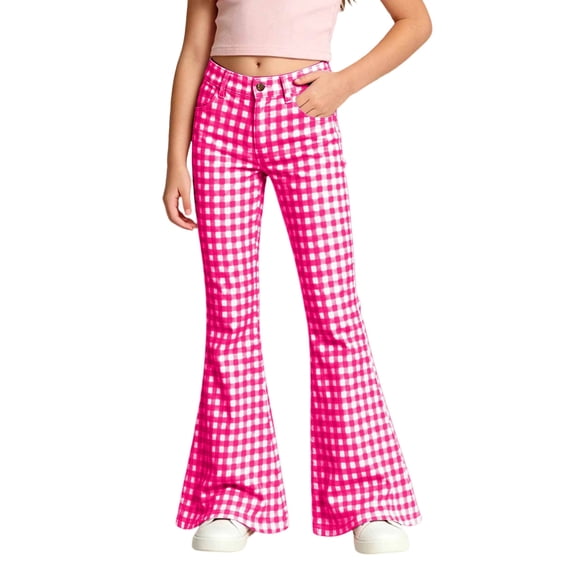 CONZONE Flared Pants for Big Girls Plaid Print Girls Bootcut Pants Mid Waist Lightweight Fall School Trousers with Pockets Size 9-10 Years