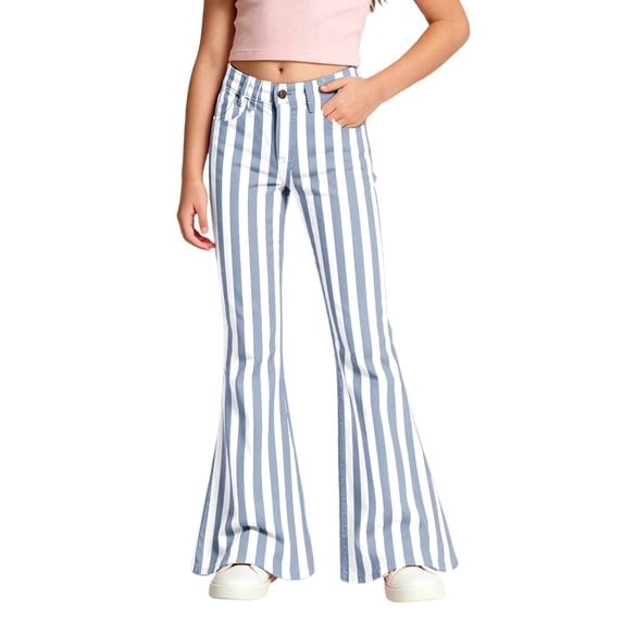 CONZONE Flared Pants for Little Girls Striped Print Girls Bootcut Pants Mid Waist Lightweight Fall School Trousers with Pockets Size 5-6 Years