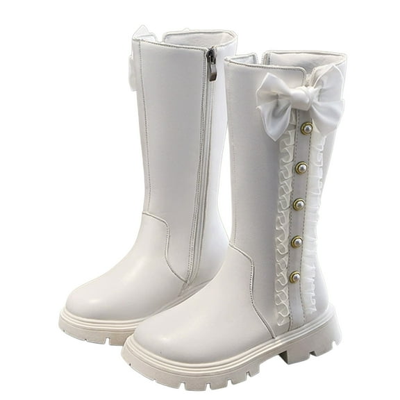 CONZONE Girl's Riding Boots Knee High Combat Boots for Girl Bowknot Side Zipper Soft Sole Leather Fall Winter Riding Shoes