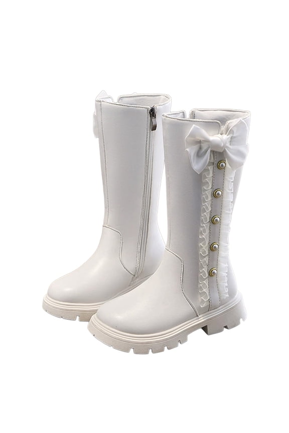 Girl's Riding Boots Knee High Combat Boots for Girl Bowknot Side Zipper Soft Sole Leather Fall Winter Riding Shoes