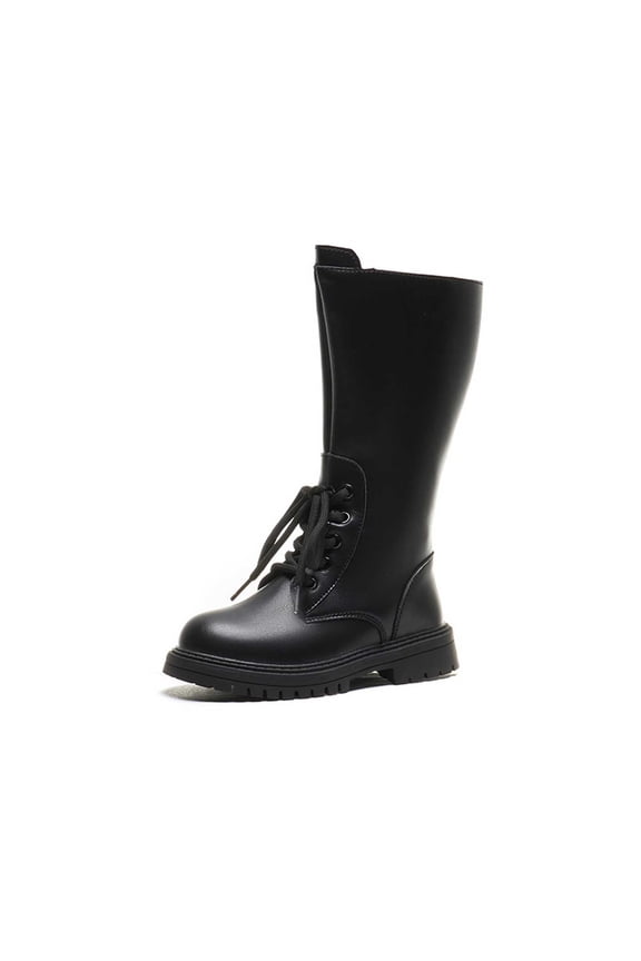 Girl's Riding Boots Mid Calf Combat Boots for Girl Lace Up Side Zipper Soft Sole Leather Punk Goth Boot