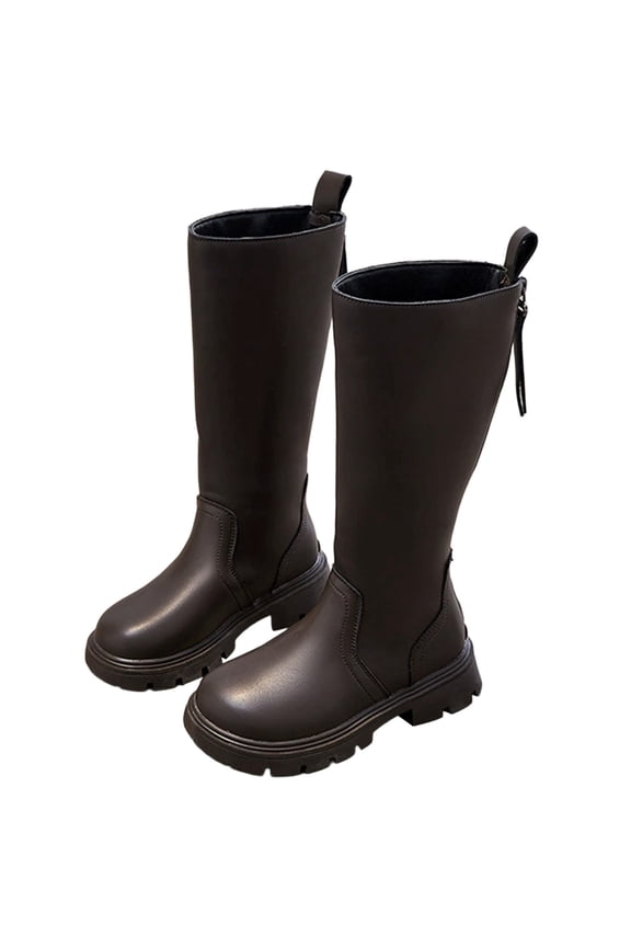 Girl's Riding Boots Mid Calf Combat Boots for Girl Solid Color Side Zipper Soft Sole Leather Fall Winter Riding Shoes