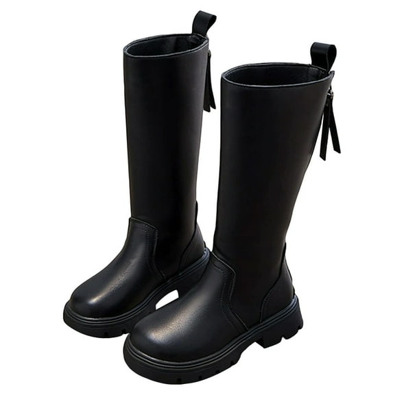 CONZONE Girl's Riding Boots Mid Calf Combat Boots for Girl Solid Color Side Zipper Soft Sole Leather Fall Winter Riding Shoes