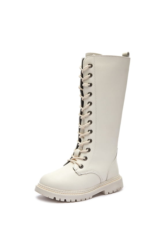 Girls Riding Boots Mid Calf Combat Boots for Girl Lace Up Side Zipper Soft Sole Leather Fall Winter Riding Shoes