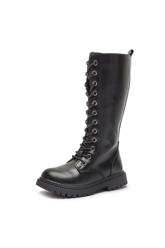 Girls Riding Boots Mid Calf Combat Boots for Girl Lace Up Side Zipper Soft Sole Leather Fall Winter Riding Shoes